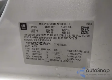 2016 GMC Sierra 1500 Sle z USA, uszkodzony, nr VIN 1GTV2MEC1GZ284089